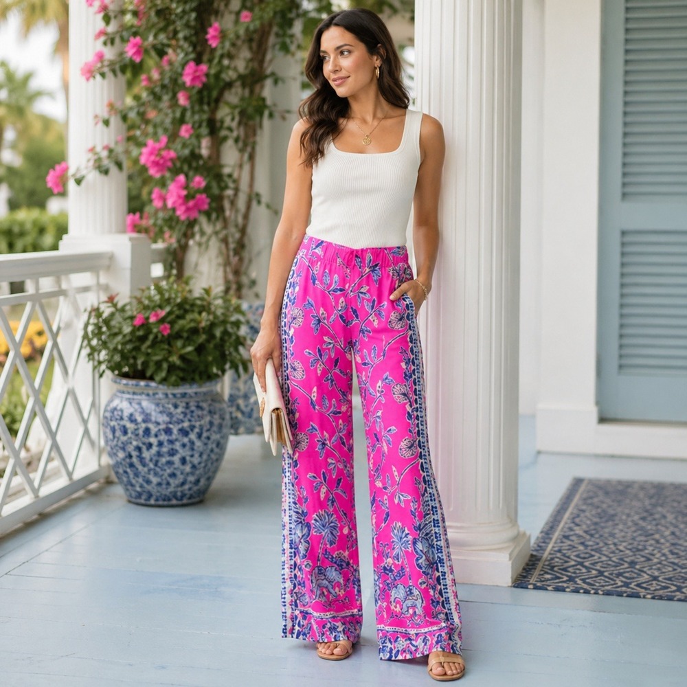 Lilly Pulitzer Pants Womens Size XS Pink Bal Harbour Wide Palazzo Tropical Boho